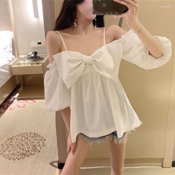 Frauen Blusen 2023 Sommer Stil Bluse frauen Wort Kragen Puff Sleeve Mode Blusa Französisch Sling Brust Bogen Süße hemd GL551