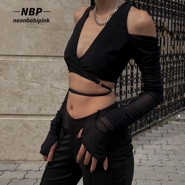 Maglietta da donna NEONBABIPINK Maglietta nera sexy Crop Top Streetwear Moda donna Fasciatura con lacci Scollo a V Tagliata Maglietta a maniche lunghe N33BZ15 230327