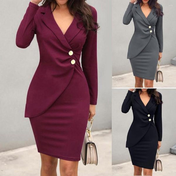 Vestidos casuais Office Lady Blazer Dress Women Button Solid Bush Down Deck Manga Casaul Trabalho formal elegante mini Mini