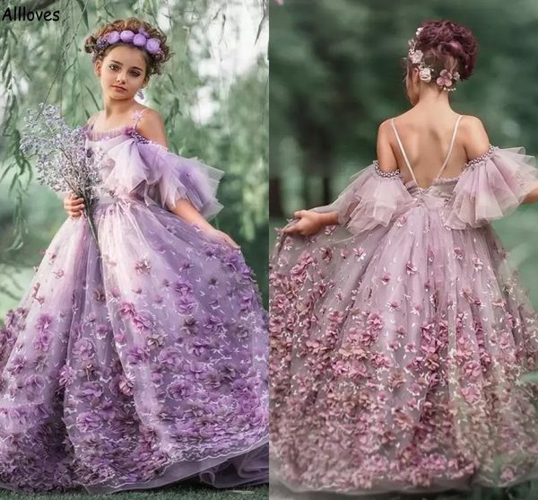 Vestidos de meninas de lavanda de tule de lavanda para casamento com tiras babados com flores artesanais infantil infantil vizinhos de festa de comnion