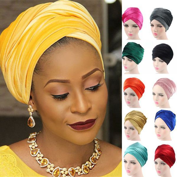 Novo luxo Velvet nigeriano Hijab turbano cor sólido mulheres muçulmanas lenços de cauda longa enrolam mulheres elegantes escalas na cabeça bandana