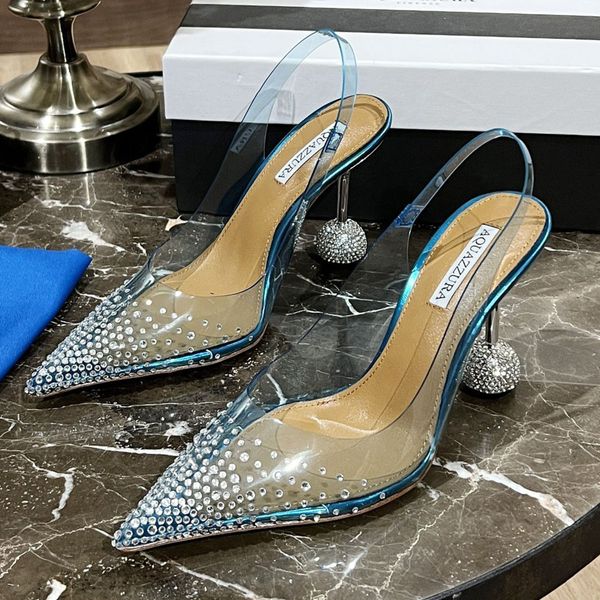AQUAZZURA Yapay Elmas Sandaletler Kristal süslemeli PVC topuklu Stiletto top Topuklar Kadın Lüks Tasarımcılar deri İpek dış taban Gece ayakkabısı fabrika ayakkabısı