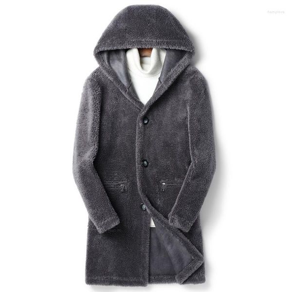 Masculino para masculino Casaco de couro de inverno de inverno de lã com capuz de comprimento de capuz de dois lados