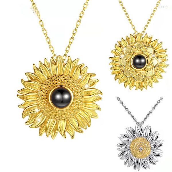 Catene 100 lingue Ti amo Proiezione di girasole Coppia Collana per donna Uomo Moda elegante fiore clavicola in metallo