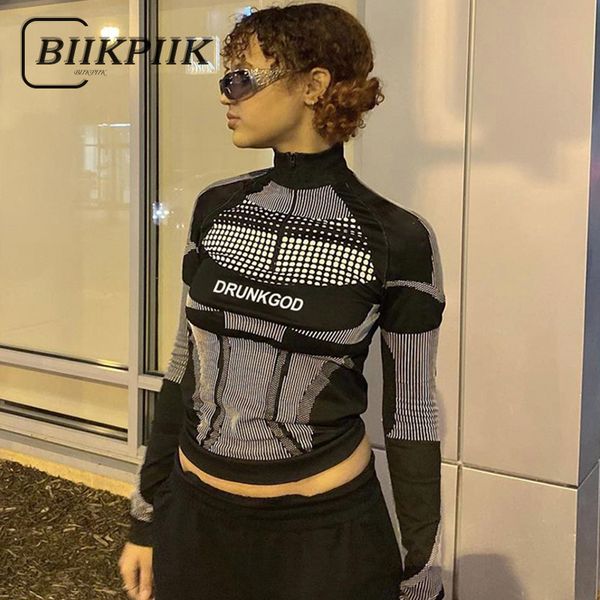 Damen T-Shirt BIIKPIIK Brief Reißverschluss Moto Biker Style Crop Top Gestreift Dot Patchwork T-Shirts Vollarm Stehkragen Streetwear Fashion T-Shirt 230327