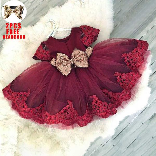 Abiti da ragazza Bambino Vestito rosso con paillettes Neonato 1 ° compleanno Abito con fiocco per ragazze Abiti da principessa da sposa Damigella d'onore Battesimo Abito da sera P230327