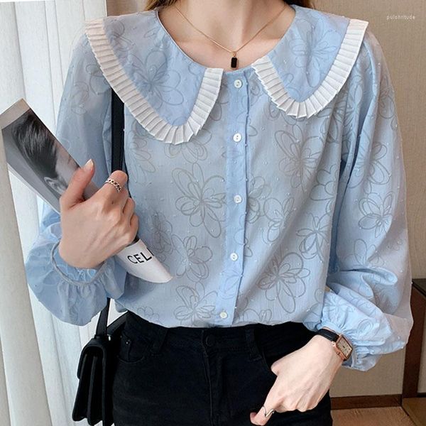 Frauenblusen minderwertiger See Blue Long Sleeve Shirt Frauen 2023 Herbst Koreaner Loose Mujer Tops Damen Bluse weibliche Elegantes Mode