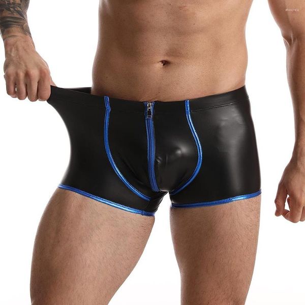 Mutande Sexy Boxer con cerniera Intimo uomo Slip Slip in ecopelle Gay Pantaloncini con rigonfiamento Pantaloncini neri Wetlook Prestazioni maschili