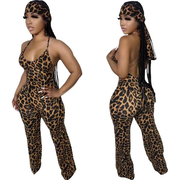 Commercio all'ingrossoTute da donna Leopard Print Women One Piece Abiti da lavoro Designer Backless Slip Jumpsuite con sciarpa Gamba larga Tute Pantaloni 9585