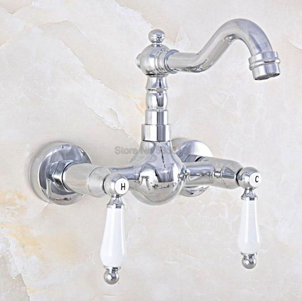 Küchenarmaturen Chrom Wandmontage Doppelgriff Badezimmer Wasserhahn Vanity Vessel Waschbecken Mischbatterie Kalt und Wasser Tnf562