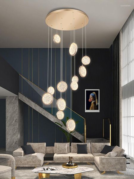 Lâmpadas pendentes modernas Golden redonda de acrílico LED Staircase Chandelier Design criativo Duplex Building Loft Villa Spiral Long Long