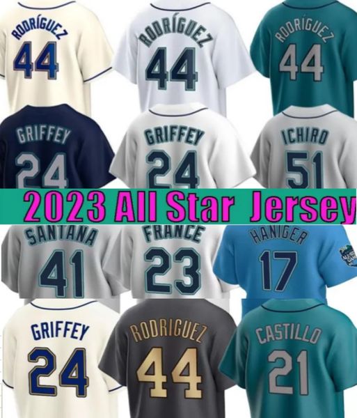 New 44 Julio Rodriguez Castillo 2023 All-Star Baseball Jersey Ty France Eugenio Suarez Adam Frazier JP Crawford Ken Griffey Jr. Cal Raleigh MITCH HANIGER Luis Castillo