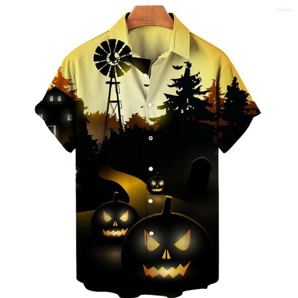 Camicie casual da uomo 2023 Jack-o-lantern Halloween Camicia da uomo Risvolto Estate Hawaiian Man 3d Holiday Party Beach Top manica corta Uomo