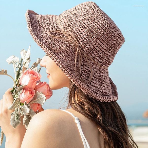 Chapéus largos de aba Ladies Sun Hat for Women Bowknot Raffia Straw Summer Summer Beach feminino Chapeau femmewide Davi22