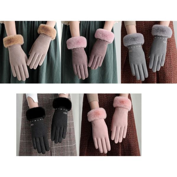 Fünf-Finger-Handschuhe für Damen, Winter, kaltes Wetter, voller Finger, dick, warm, mit Plüsch gefüttert, süße Herz-Stickerei, Fahren, Touchscreen-Fäustlinge MXMB