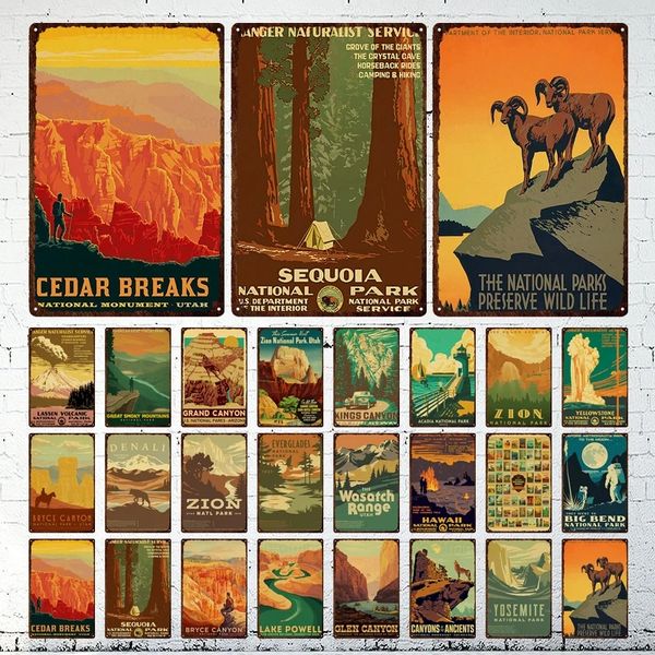 Retro Landscape Art Painting Poster Vintage National Park Metallo Targhe in metallo Art Movie Iron Painting Shabby Home Room Bar Decorazione da parete Piatto 30X20cm W03