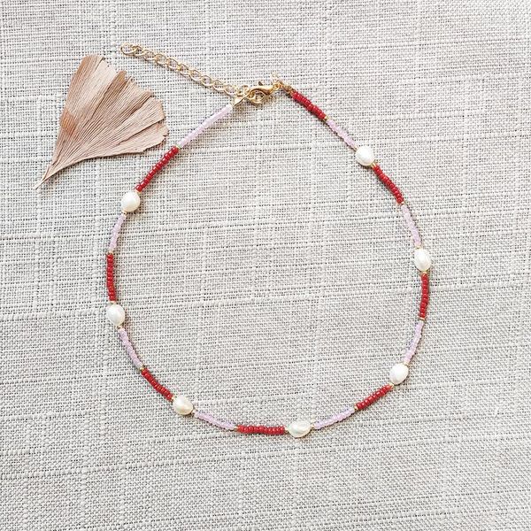 CHOKER CREATION Red Pink Pink Rice Beads Beatching Collece Natural Freshwater Pearl Украшения для женщин романтические аксессуары для шеи