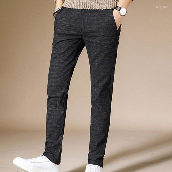 Calça masculina calça xadrez masculina elástica casual longa algodão cinza preto azul skinny work calça para masculino clássico roupe