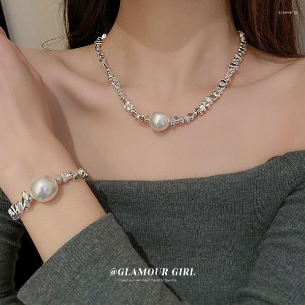 Catene Elegante grande ciondolo collana di perle bracciale set gioielli da sposa girocollo in stile romantico francese di lusso con collo d'acqua dolce