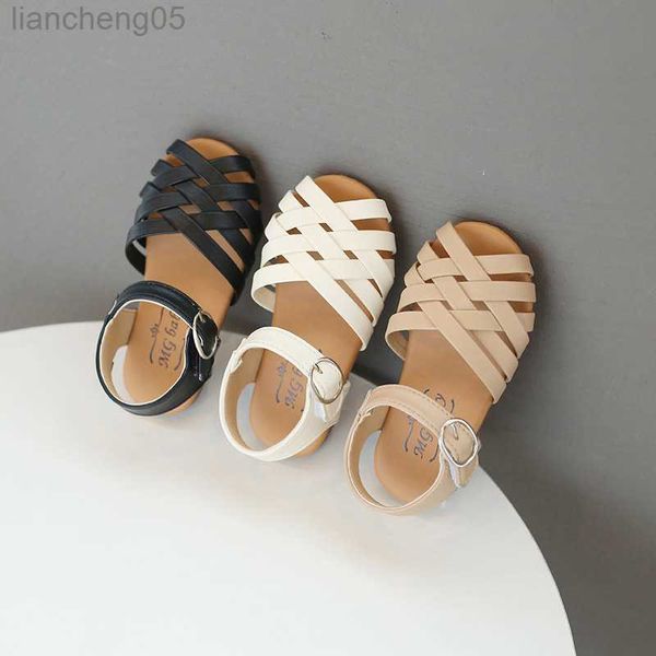 Сандалии сандалии сандалий для малышей Girl Peep Peep Toe Cross Band Hollow Out Daily Plain Lids Summer Shoes 21-30 Три цвета Light Kids Sliders W0327