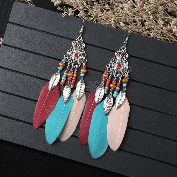 Mehrfarbige Boho Feder Frauen Baumeln Ohrringe Legierung Geometrische Handgemachte Perlen Blatt Lange Ohrringe Mujer Indische Schmuck Pendientes