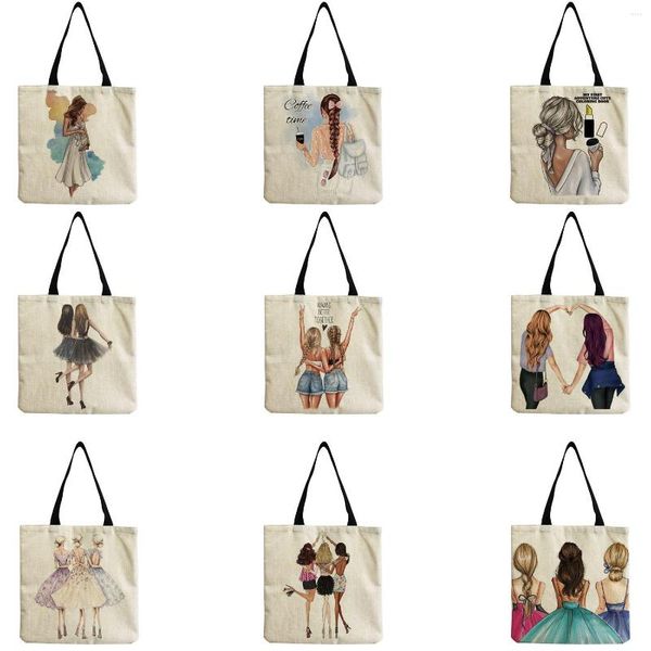 Borse da sera Cartoon Sisters Print Tote Bag Fashion Travel Eco-Friendly Beach Shopper ad alta capacità Regalo personalizzabile per insegnanti di scuola