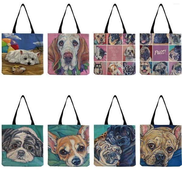 Borse da sera Borsa per la spesa Cartone animato Pittura a olio Stampa di cani Borse da viaggio da spiaggia Tracolla portatile Animali carini Alta capacità da donna per il tempo libero