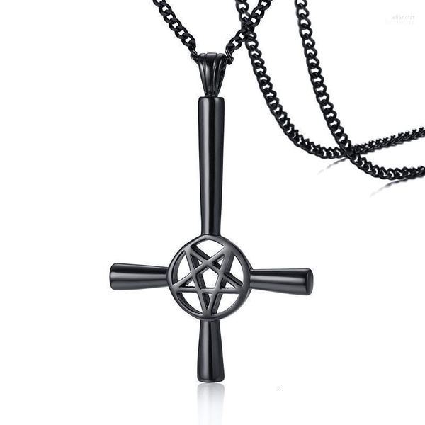 Collane con ciondolo Collana con croce a pentagramma invertito Mens Simbolo satanico Acciaio inossidabile Capovolto Lucifero Satana Gioielli Elle22