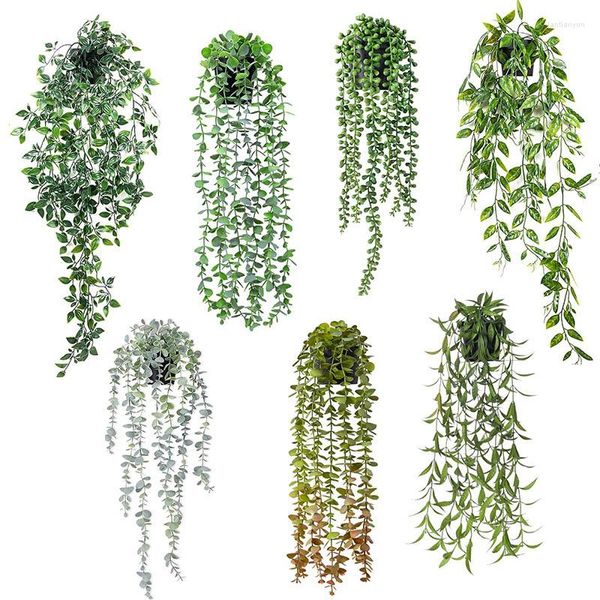Dekorative Blumen Künstliche Eukalyptus-Rattan-Fälschungs-Hängepflanze im Topf, grün, geeignete Mandala-Rebe für Wand, Raum, Zuhause, Innenregal