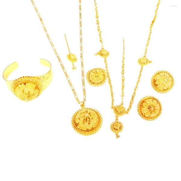 Collana Orecchini Set Matrimoni etiopi Colore oro Gioielli da donna Catena per capelli Ciondolo con bastone Anello braccialetto