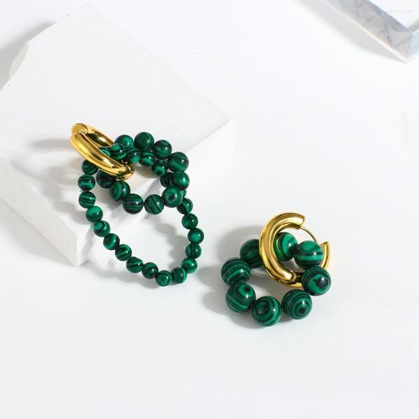 Orecchini a cerchio AENSOA Trendy asimmetrico malachite con perline per donna Gioielli con pendente in pietra naturale verde metallo color oro