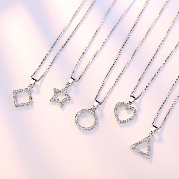 Ketten Mode 5 Modle 925 Sterling Silber Glänzend Zirkon Stern Dreieck Herz Kreis Quadrat Anhänger Halskette Für Frauen Geschenk