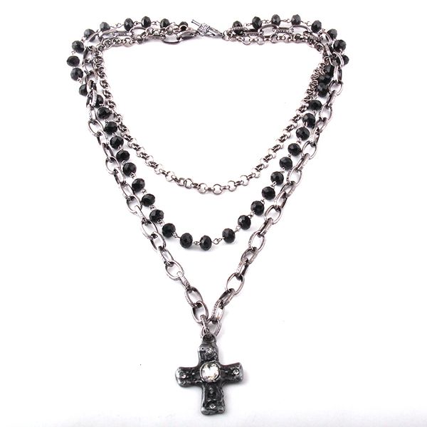 Нити-нитки, модные богемные племенные украшения, 3-слойные множественные черные стеклянные хрустальные четки, цепочка с подвеской в виде креста, ожерелья 230325