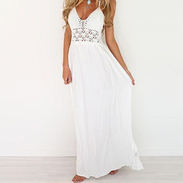 Abiti casual 2023 Bohemian Women's Party Backless White Hollow Out Lace Beach Sundress Halter Bandage Maxi Sexy