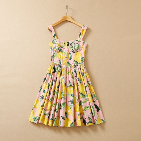 Vestido de joelho na altura do joelho de verão rosa Pink Lemon Lemon Print Painel Painel elegante vestidos casuais 22q151632