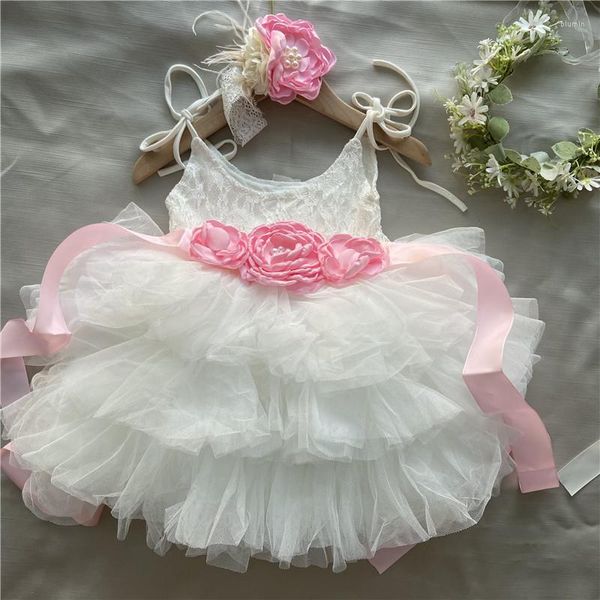 Abiti da ragazza Infantile Strati per bambini Torta Abito da festa di compleanno per ragazze 3 pezzi Abbigliamento Abito da sposa Costume elegante in pizzo bianco