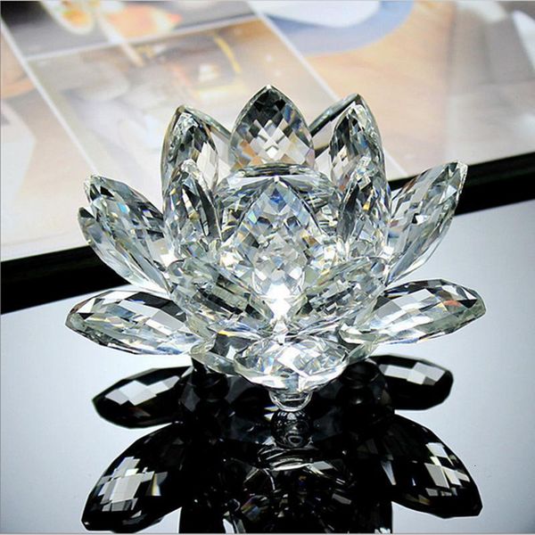 80 mm feng shui quartzo cristal lótus artesanato de flores de vidro ornamentos de peso de papel figuras em casa decoração de festas de casamento presentes de lembrança 230327