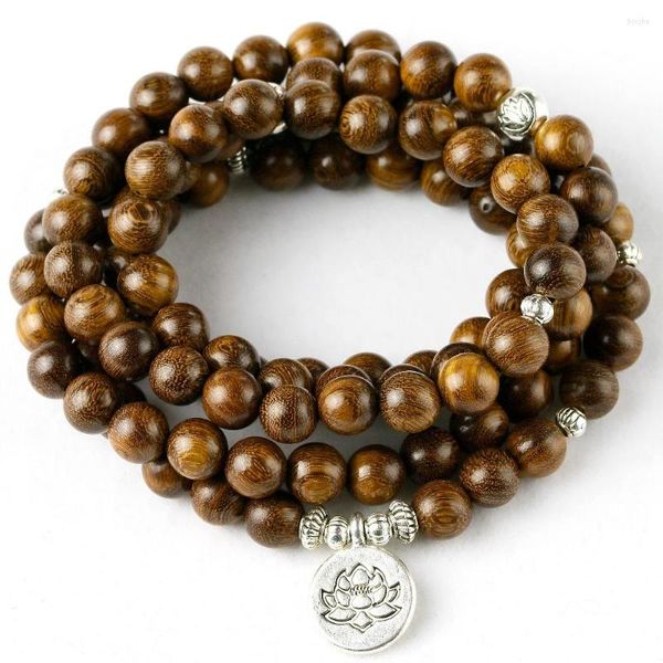 Strand Natural Sandalwood 8mm Bracelet Men Mulheres Lotus Om Wing Buda Charm Colar Mala 108 Yoga Zen Jóias