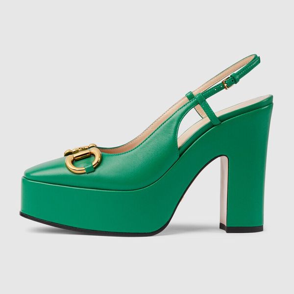 Sapatos femininos salto alto feminino designer de bombas de couro genuíno fivela de metal salto grosso plataforma bombas sandálias de alça traseira casamento verde salto de 12 cm com caixa