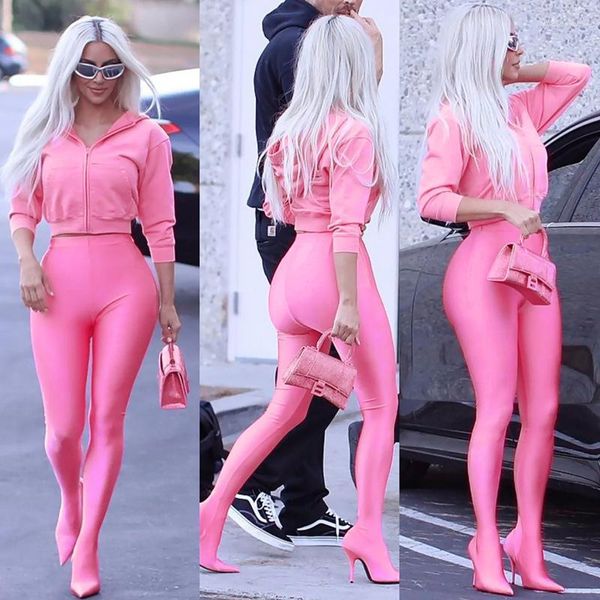 Kadınlar İki Parçalı Pantolon Kardashian Aynı Stil Kapşonlu Fermuar Top Pantolon Sonbahar Avrupa ve Amerikan İnce Moda Takım Kadınlar