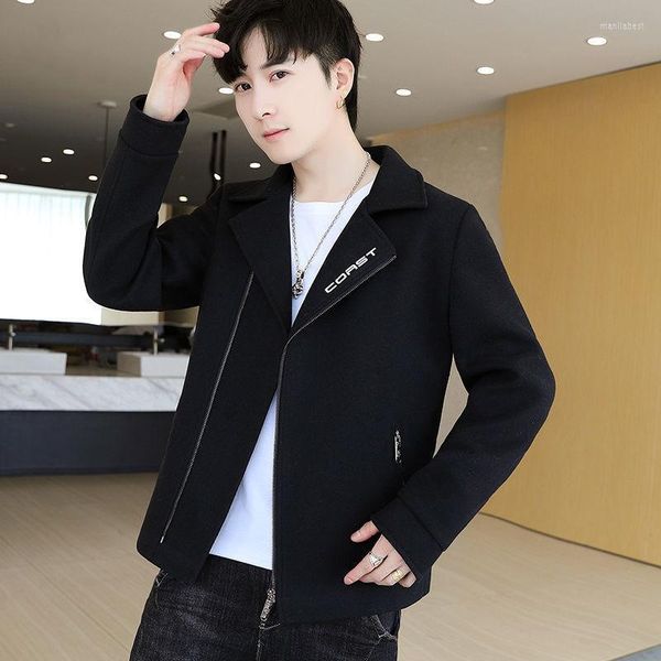 Jackets masculinos Versão coreana Trend Spring Autumn Jacket Woolen Coats Youth Masculino Bonito Slim Suit Collar Zipper Mens Casual Casual