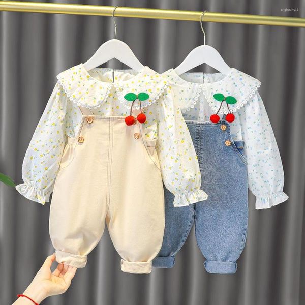 Giyim setleri bebek kızlar uzun kollu çiçek kiraz karikatür bluz ve genel pantolon bahar sonbahar iki parça set güzel tatlı all-maç
