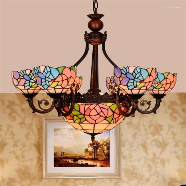 Lâmpadas pendentes LED SUSPENSÃO TIFFANY CAMPONS Luz de vidro para apartamento Sala de jantar Flores vintage 5 cabeças Lâmpada 1215