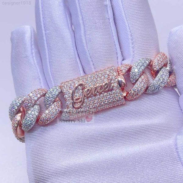 Gioielli rapper da uomo hip-hop Bracciale in argento ghiacciato con collegamento cubano in oro rosa bicolore da 16 mm