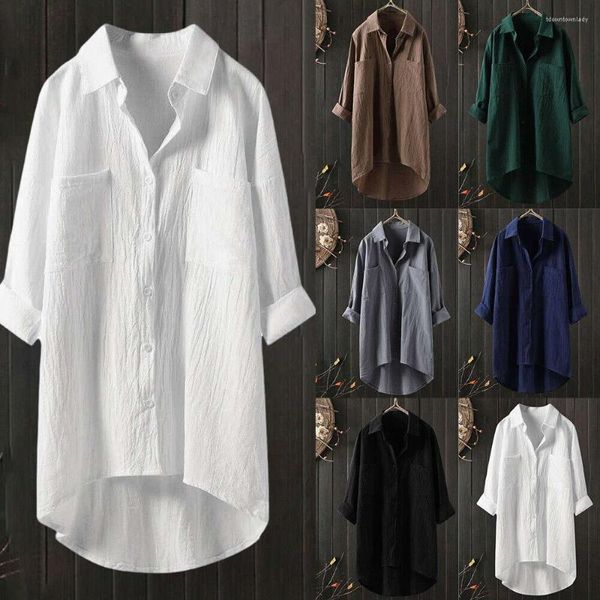 Camicette da donna Camicia da donna Camicetta lunga in cotone di lino Top taglie forti Abito a tunica ampia casual