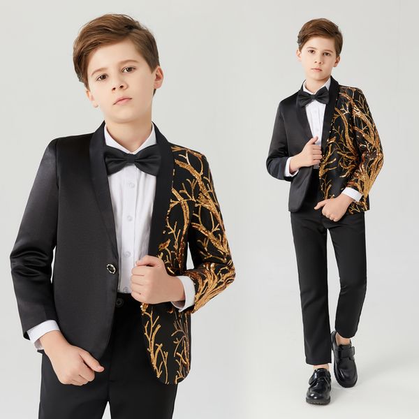 Suits Children's Rengi Sequins İşlemeli Suit Piyano Performans Boy Yakışıklı Host Renkli Yanıp Sönen Kişilik Gösteri Yüzük Taşıyıcı 230327
