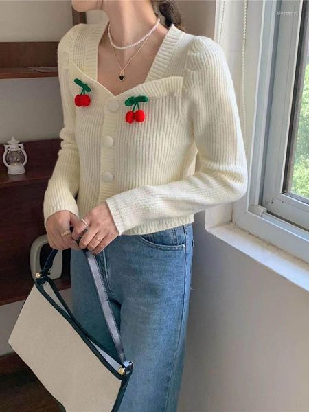 Malhas femininas suéter coreano de grande porte cereja sexy com manga longa suéteres soltos tampos de malha de malha 2023 Roupas de outono/inverno