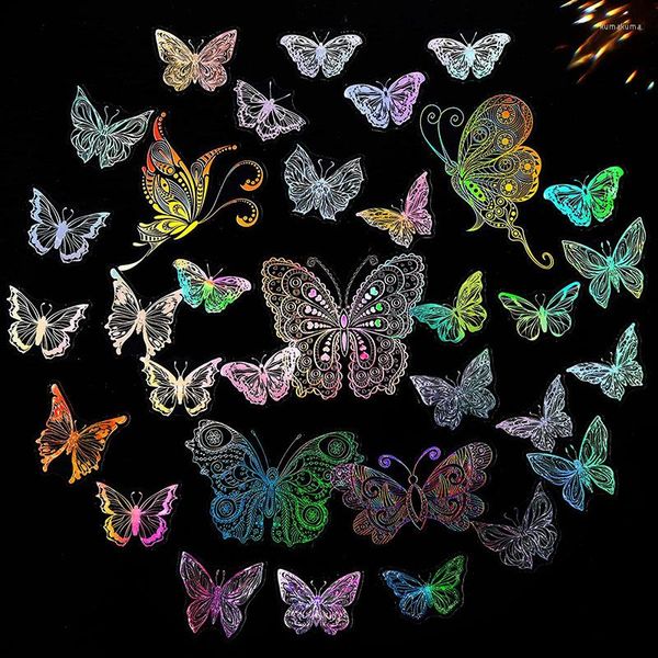 Embrulho de presente 55pcs adesivos holográficos de borboleta glitter define adesivo de animais de estimação à prova d'água vintage adesivo de laser transparente a laser