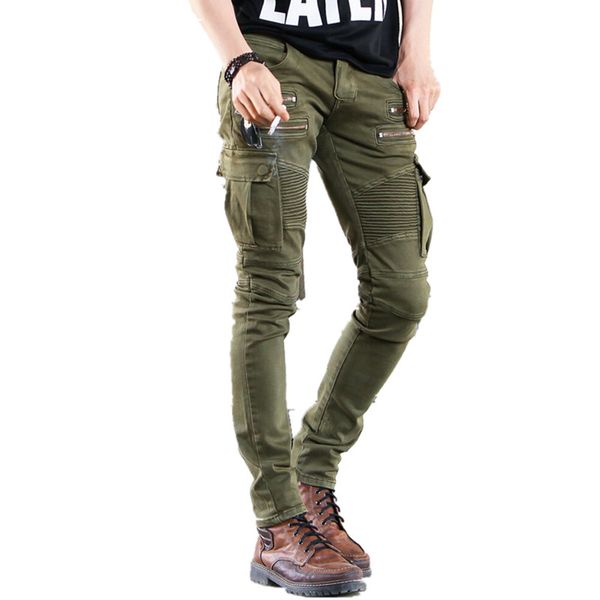 Designer Green Black Denim Biker jeans Uomo Skinny Runway Distressed slim elastico homme hip hop Pantaloni cargo da moto militari