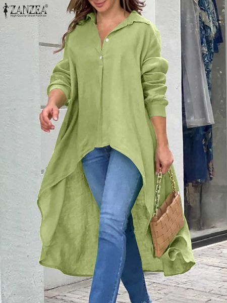 Damenblusen Hemden Übergroße Frauen Langarm Asymmetrische Hemden ZANZEA Casual OL Solid High Low Revers Neck Shirt 2023 Frühling Herbst Tops Tunika Y2303